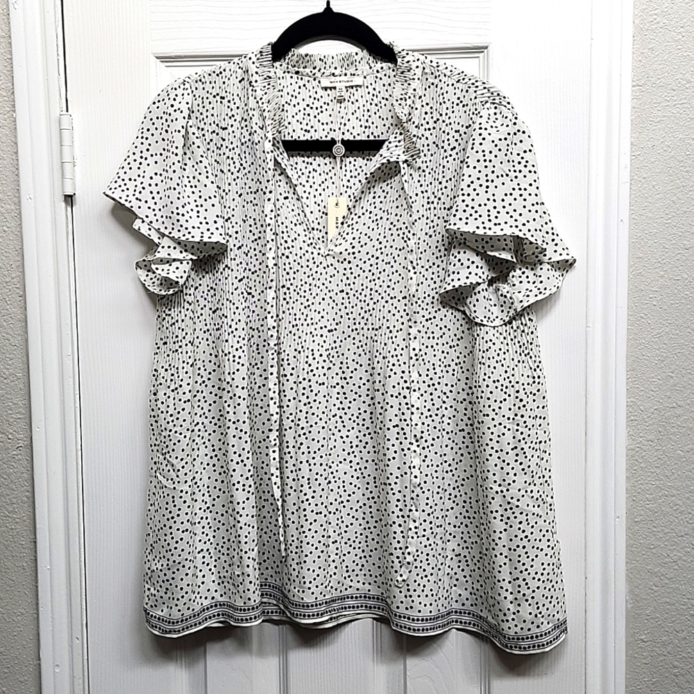 Max Studio Ivory with Black Stipple Dot Blouse, Size Medium